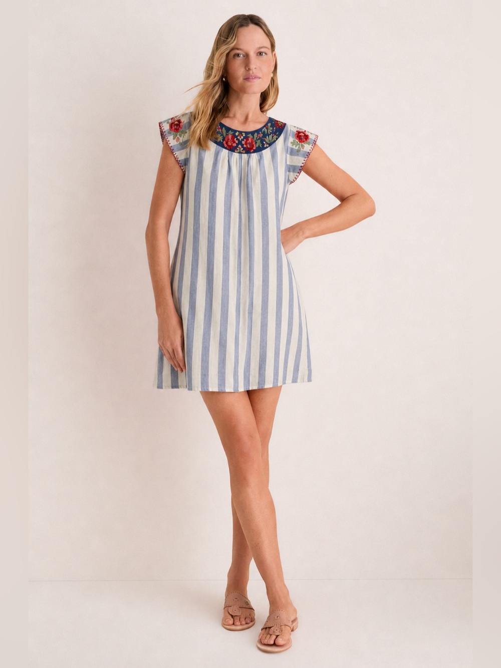 L Love Striped Embroidered Shift Dress Flutter Sleeves Floral Small 194